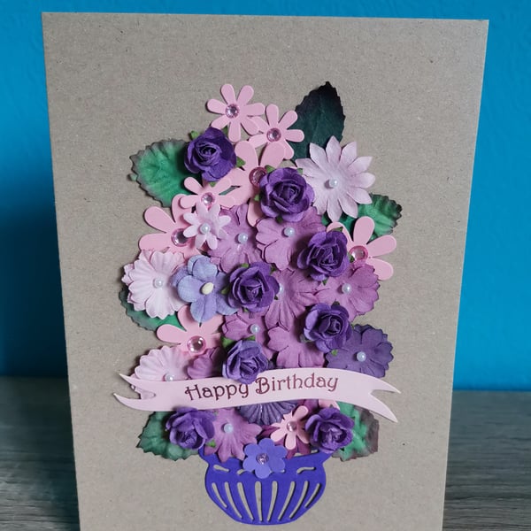 Pink and purple luxury handmade birthday flowers keepsake boxed greeting card - 