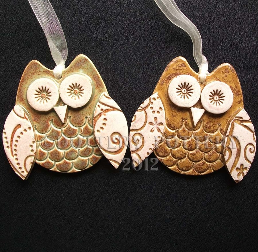set of two cute little ceramic owl hanging decorations