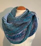 Hand Knitted Asymmetrical Wrap in Blues, Teal and White - Image 3