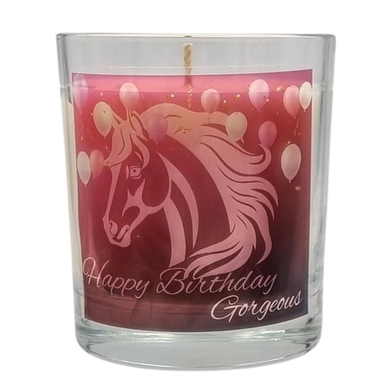 Scented Candle in Glass Happy Birthday Gorgeous Horse Design 30cl Wax Blend Gift