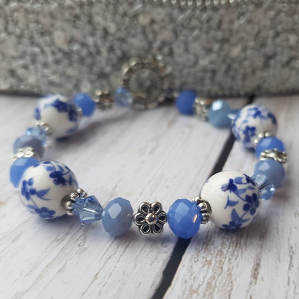 Beaded Bracelet - Blue & Whit Floral Mixed Bead With Decorative Toggle Clasp