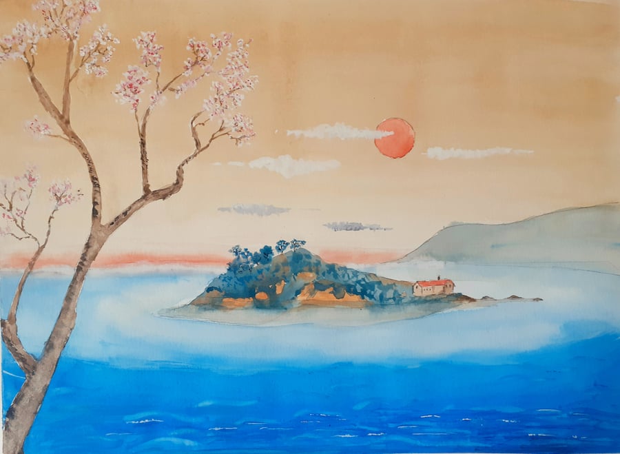 Original gouache painting Drakes Island, Plymouth in Japanese Style 398 x 293 mm