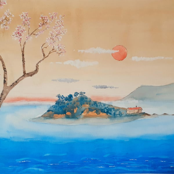 Original gouache painting Drakes Island, Plymouth in Japanese Style 398 x 293 mm