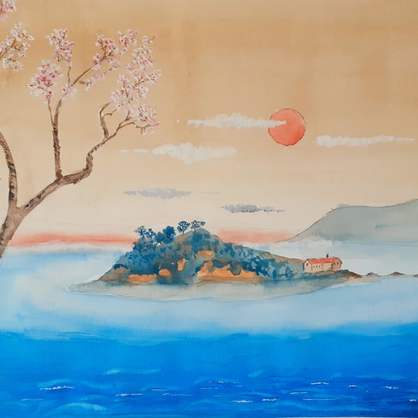 Original gouache painting Drakes Island, Plymouth in Japanese Style 398 x 293 mm