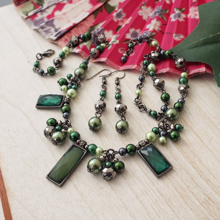 Green Pearl & Gunmetal Necklace & Earrings, Edwardian Style Jewellery Set, OOAK