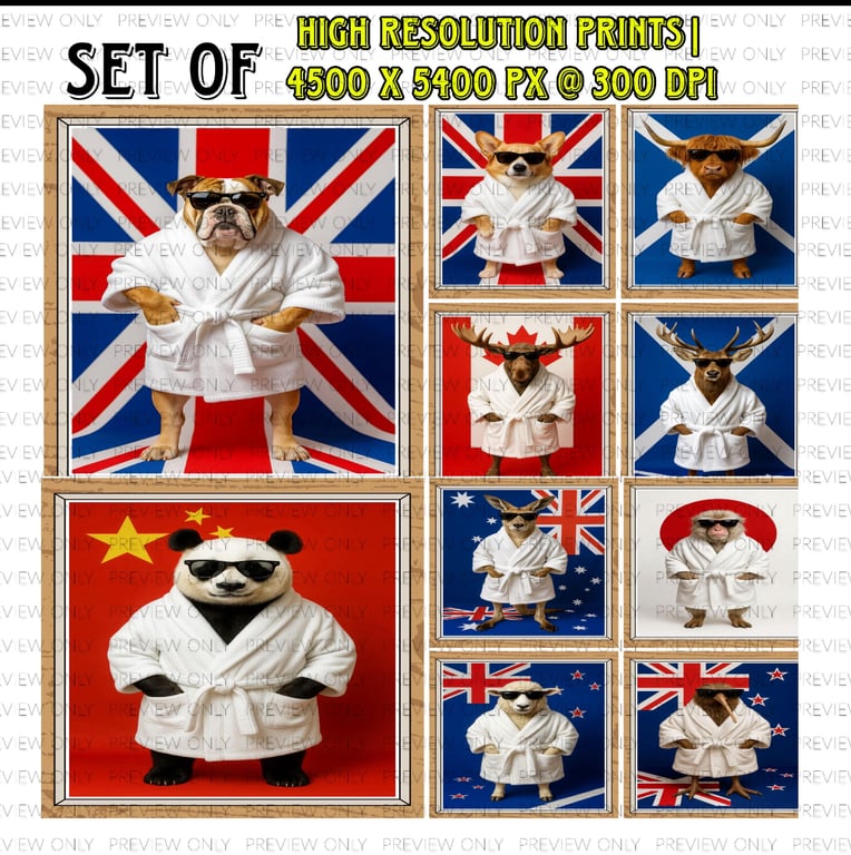 Set of Digital Download Animal Prints with Country Flags – High Resolution Artwo