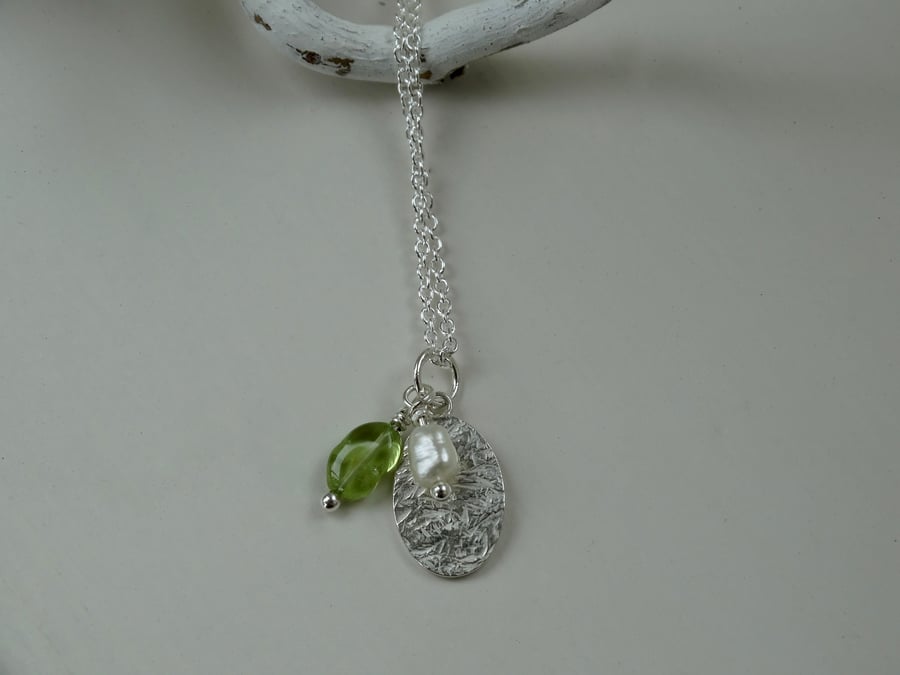 Eco Silver tiny tag pendant with peridot and pearl