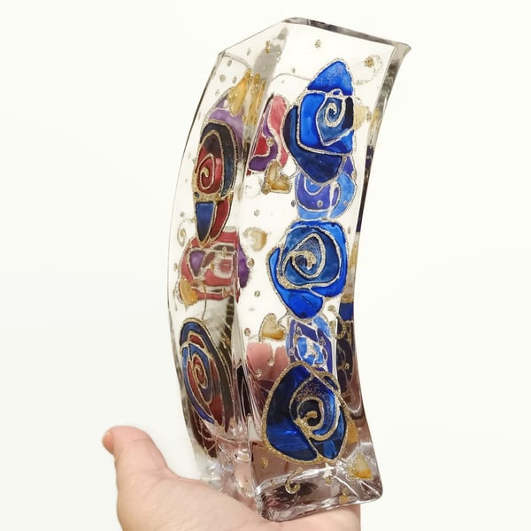 Clearance Sale Hand Painted Roses Curved Glass Vase Blue Maroon Gold