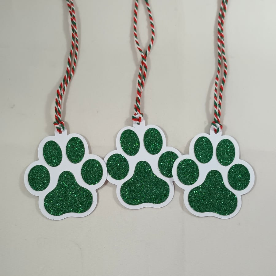 Handmade green glitter pawprint gift tags (pack of 3)