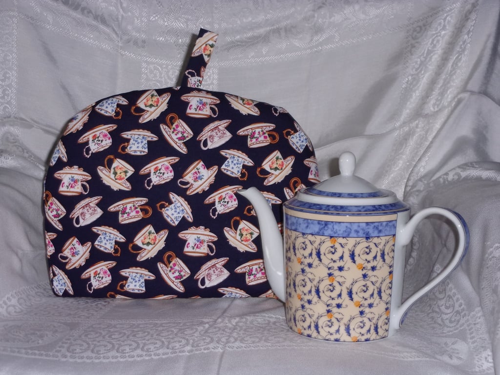 100% Cotton Large Teacosy with Pretty Teacups on Navy Blue 