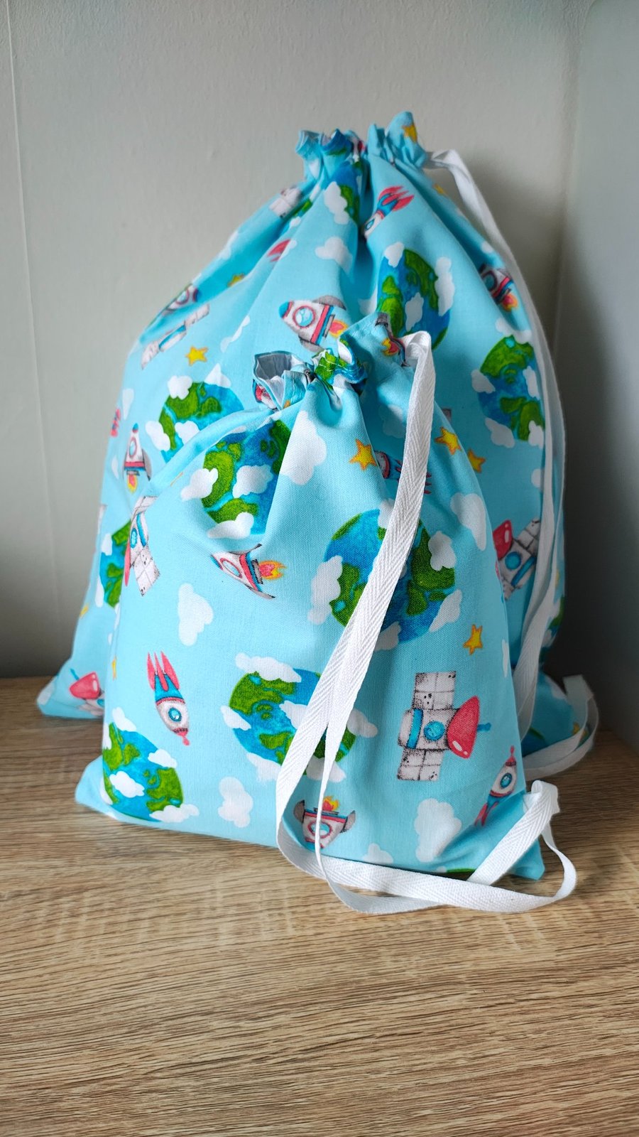 Space Themed Fabric Gift Bags Set of two, Large & Small with Free Gift Tags