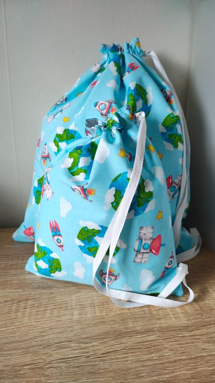 Space Themed Fabric Gift Bags Set of two, Large & Small with Free Gift Tags