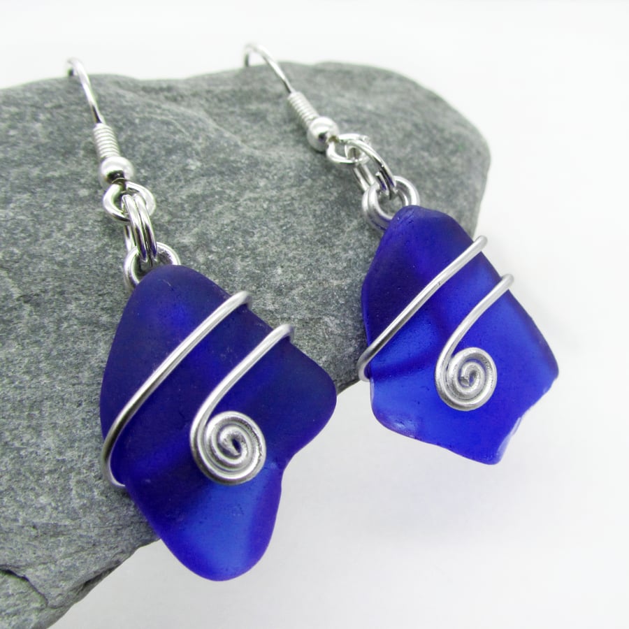 Sea Glass Earrings - Cobalt Blue. Scottish Sterling Silver Wire Celtic Jewellery