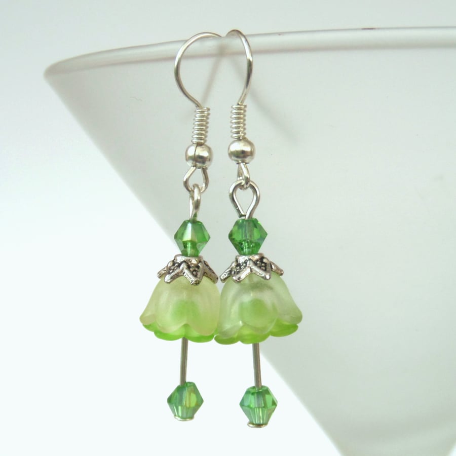 Handmade green flower earrings, with crystal and lucite 