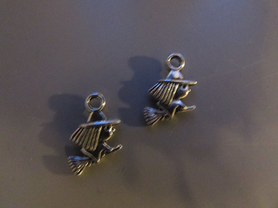 Silver Witch on Broomstick Tibetan Jewellery Charm x 2