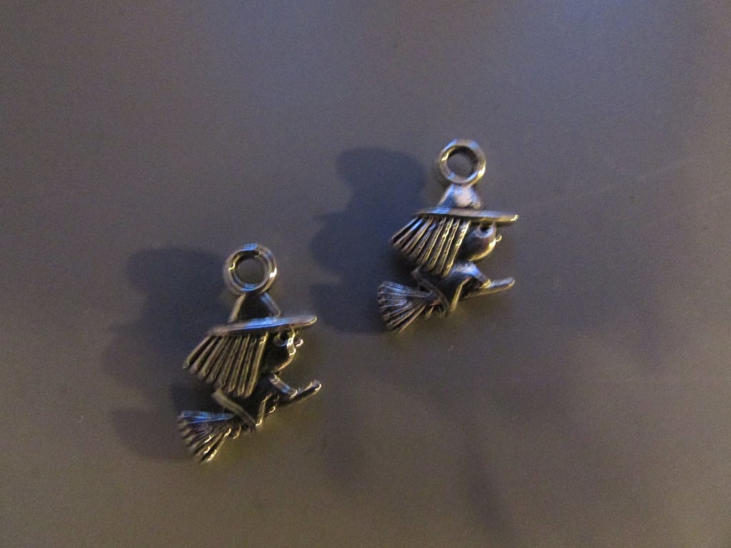 Silver Witch on Broomstick Tibetan Jewellery Charm x 2