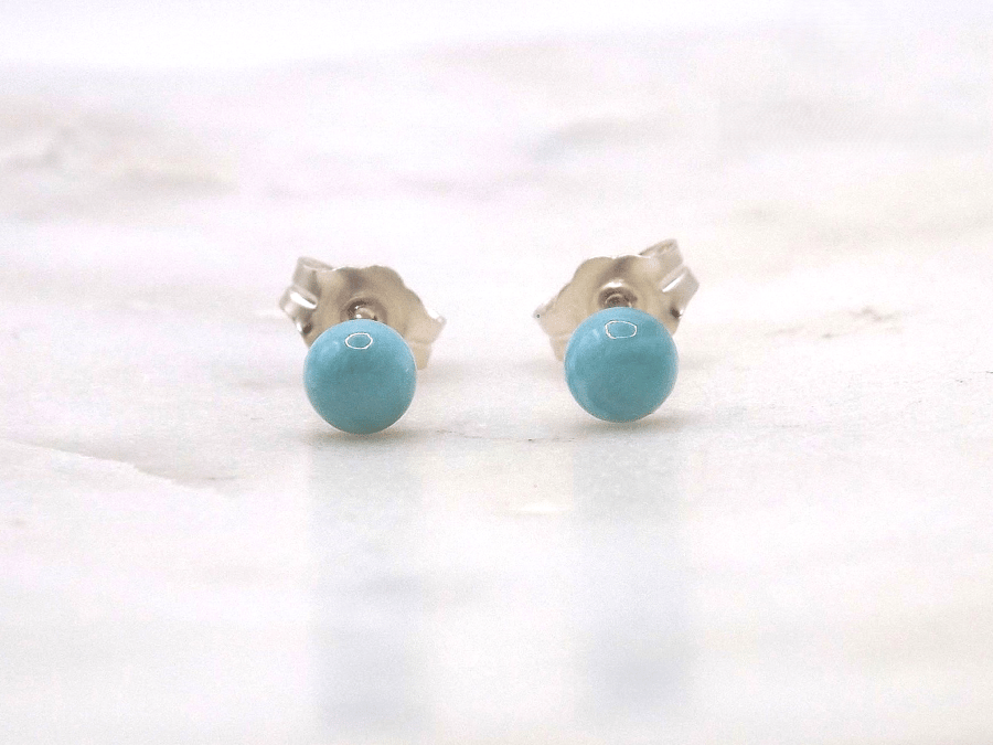 Larimar Rare Blue Round Cabochon 4mm Gemstone Sterling Silver Stud Earrings.