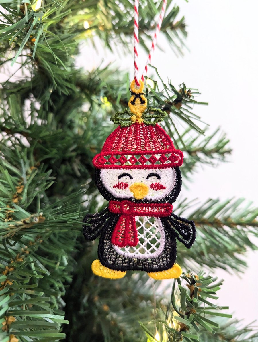 Embroidered Christmas Penguin Ornament: Hanging Decoration