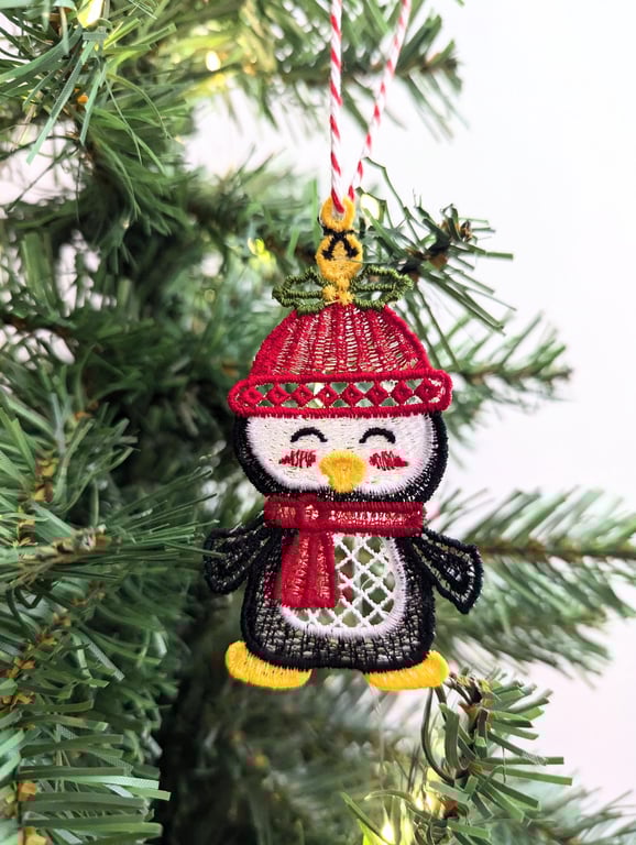 Embroidered Christmas Penguin Ornament: Hanging Decoration