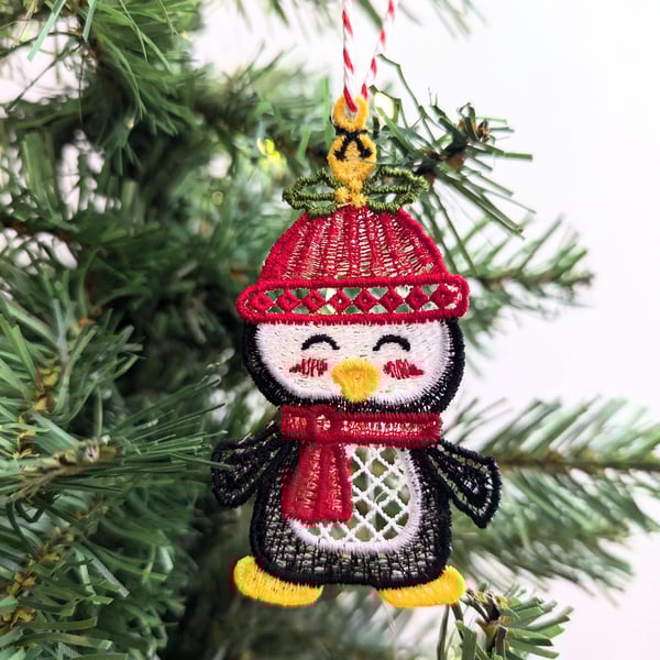 Embroidered Christmas Penguin Ornament: Hanging Decoration