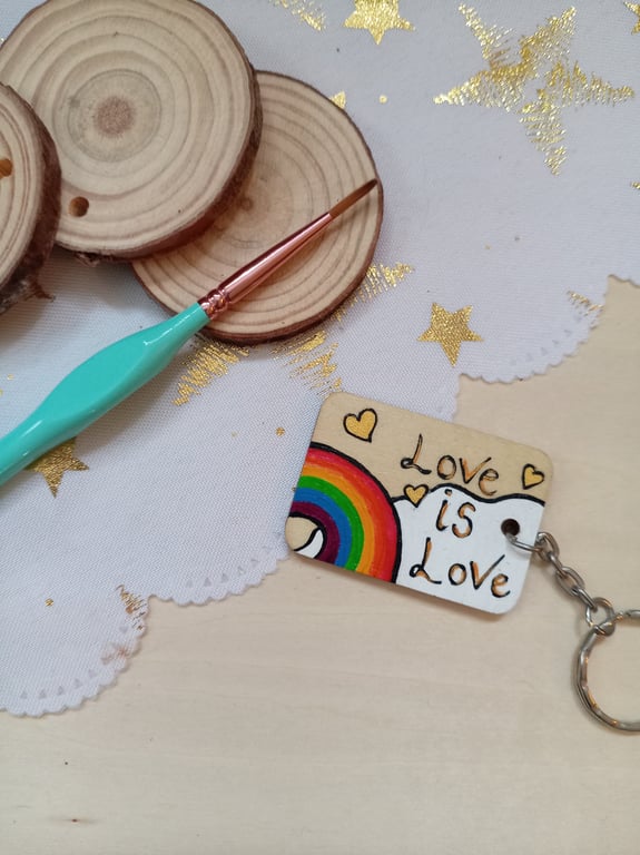 Wooden rectangular love is love rainbow keyring 
