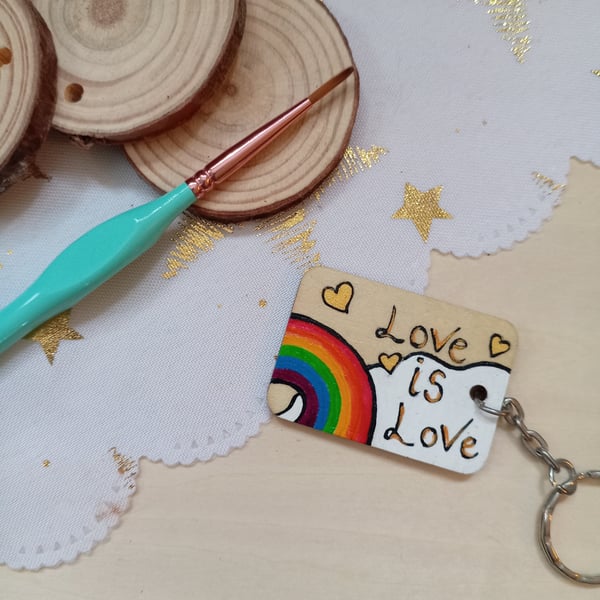 Wooden rectangular love is love rainbow keyring 