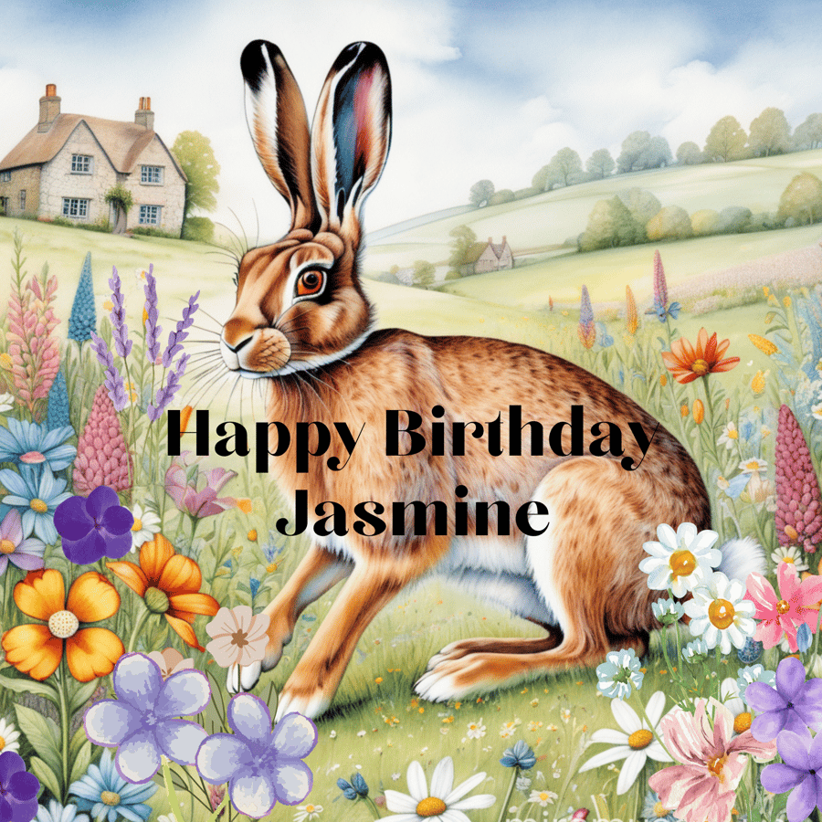 Personalised Birthday Card of a beautiful hare in a meadow
