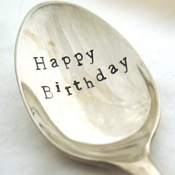 Birthday spoon, handstamped vintage teaspoon