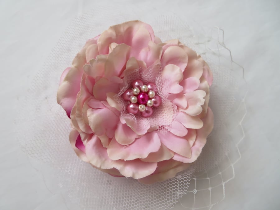 Pale Dusky Wispy Pink & Ivory Veiling Rose Flower Vintage Whimsy Hair Clip
