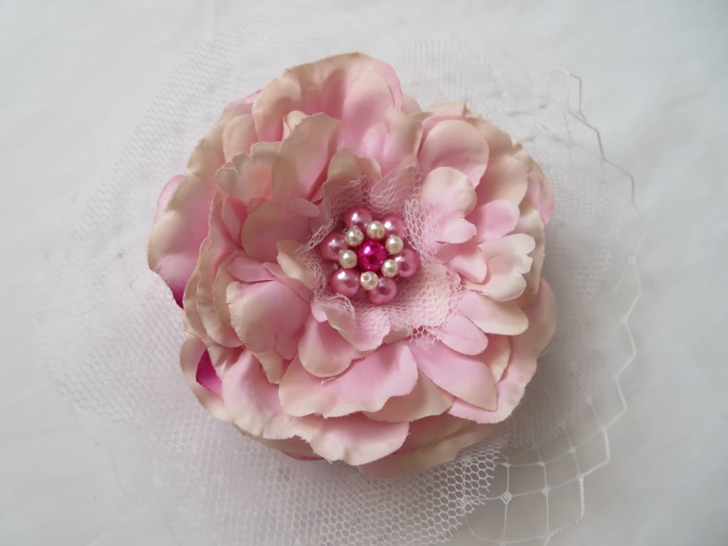 Pale Dusky Wispy Pink & Ivory Veiling Rose Flower Vintage Whimsy Hair Clip