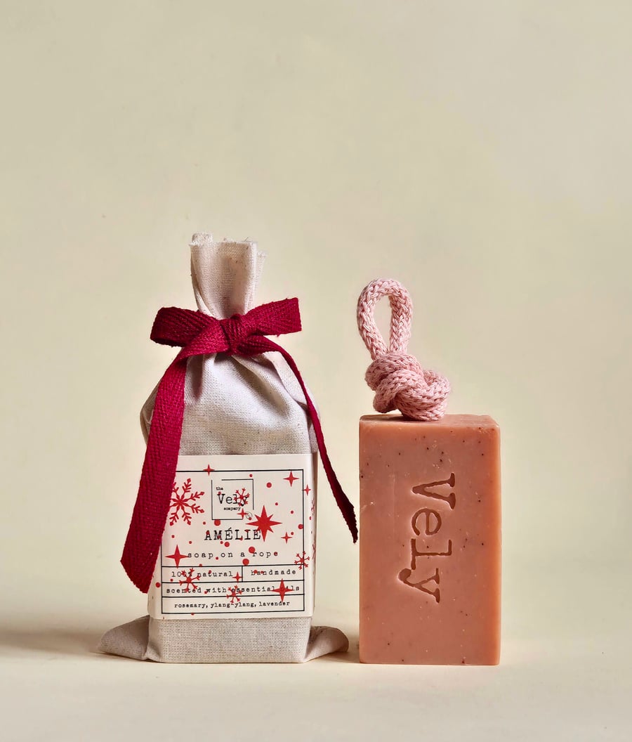 Soap On A Rope With Pink Clay and Almond Shell “Amelie", Natural, Vegan