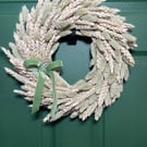 35cm Natural Dried Wheat & Sage Green Velvet Ribbon Wreath – Scandi Home Decor