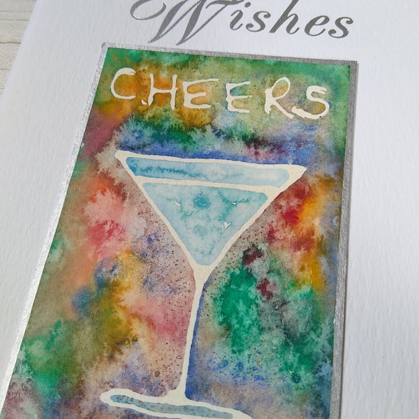 Hand painted watercolour card. 'Cheers', greetings card, Birthday card.