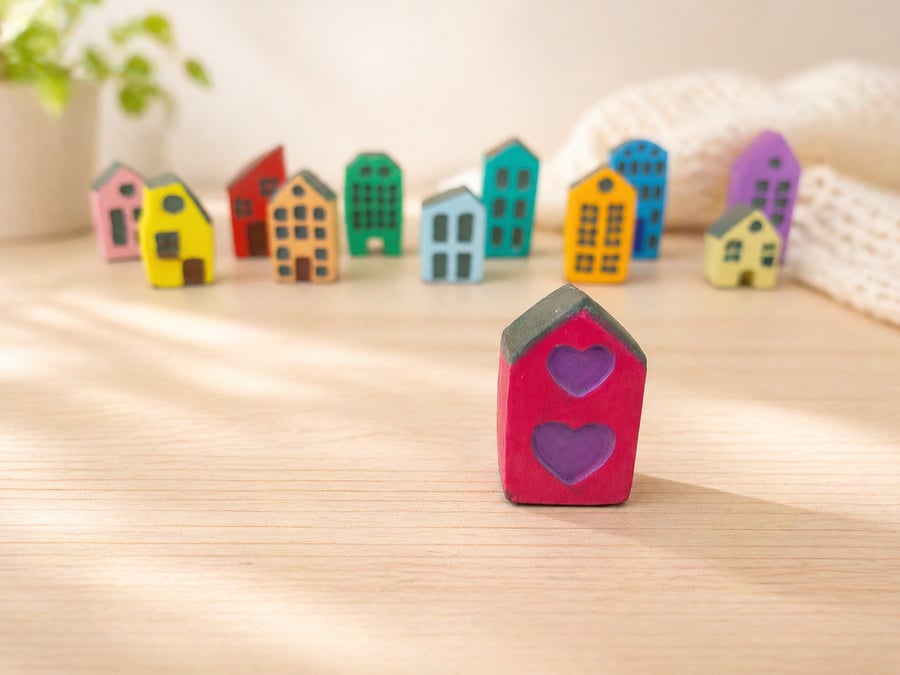 Handmade Mini Clay House - Pink Heart Painted Village Decor