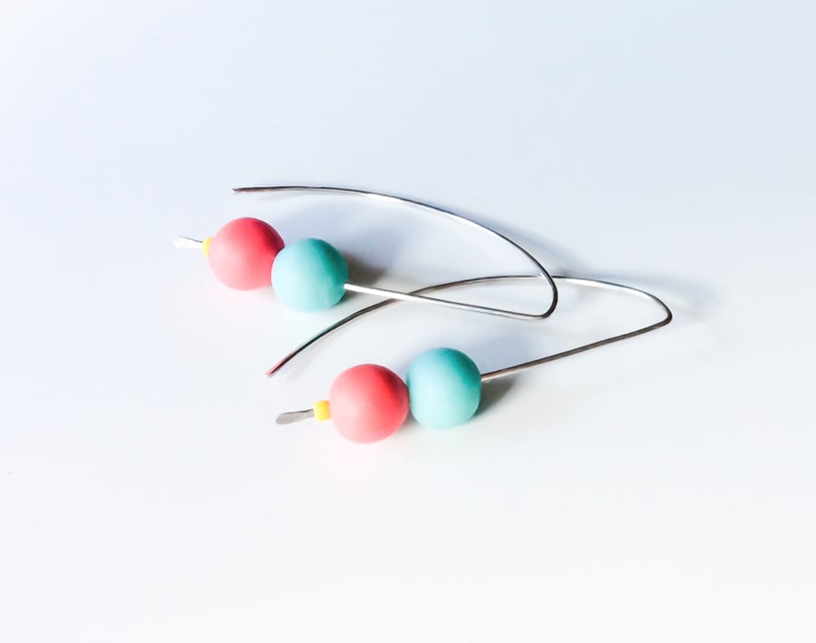 Coral and Aqua Long Beaded Earrings, Contemporary Jewellery