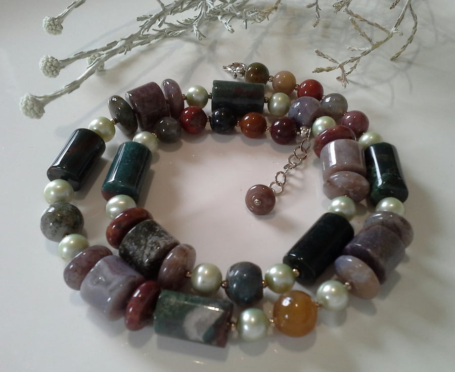 Fancy Jasper & Freshwater Pearl Sterling Silver Necklace