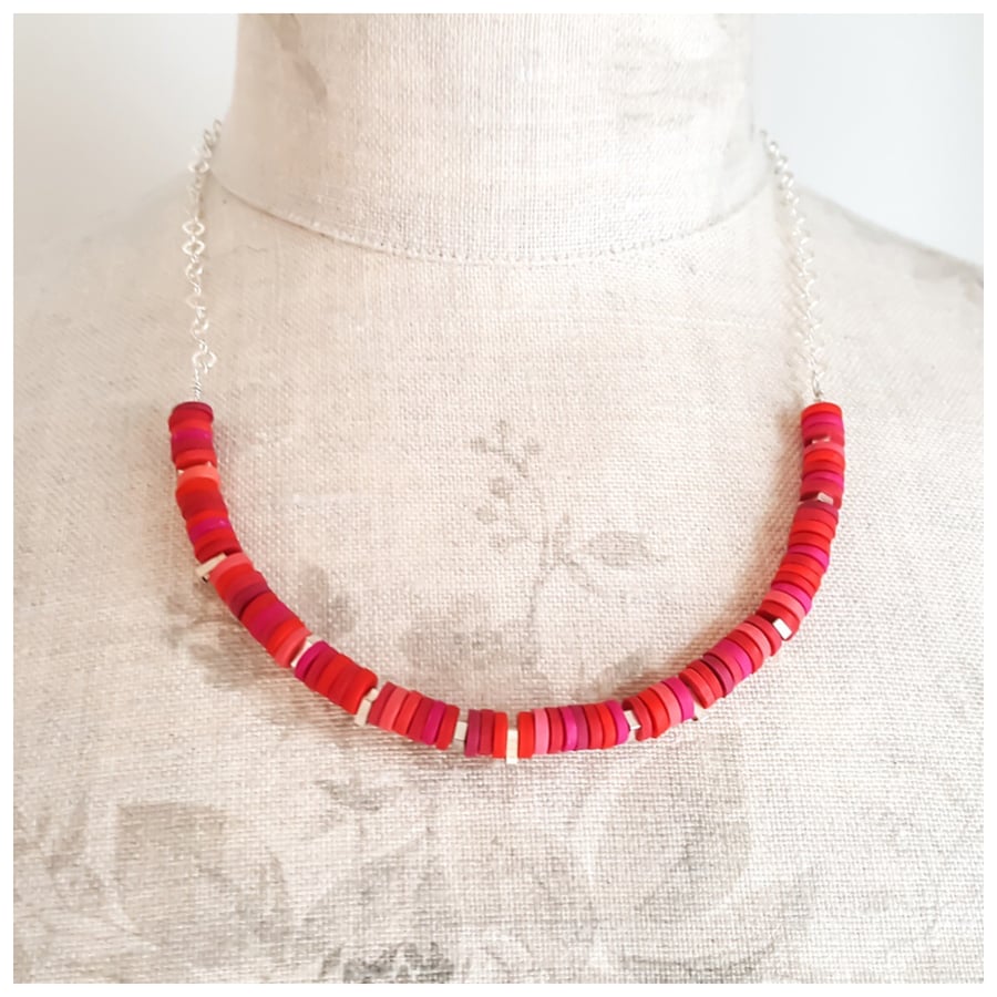 Bright Red Tiny Disc Sterling Silver Necklace, Modern, Contemporary Jewellery