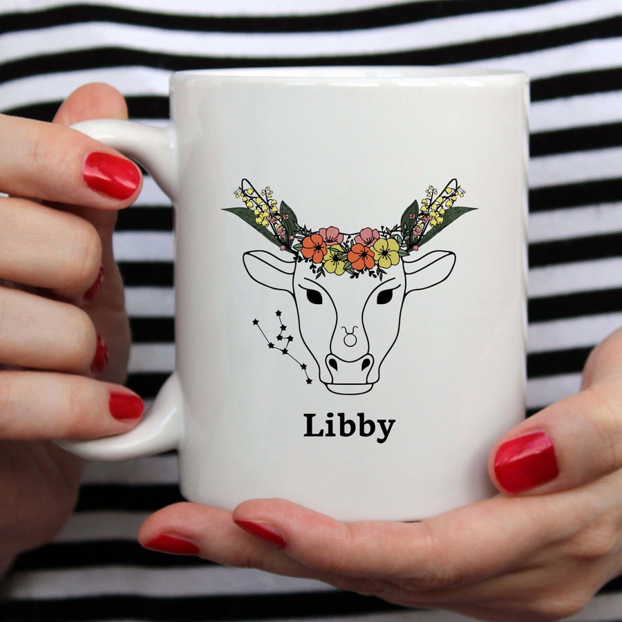 Taurus Floral Zodiac Mug - Customizable 11oz Ceramic Coffee Cup with Star Sign