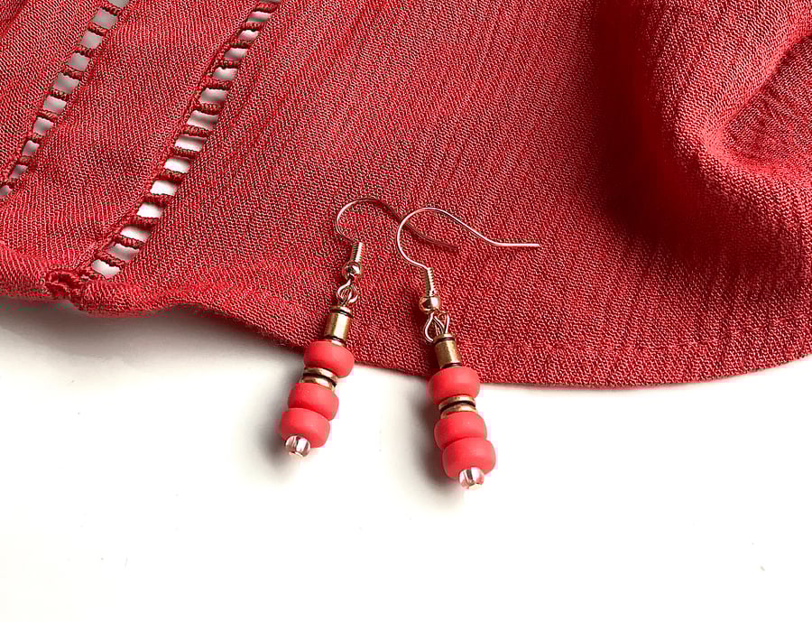 Cute funky bright red Polymer clay bead earrings, pale gold copper finish