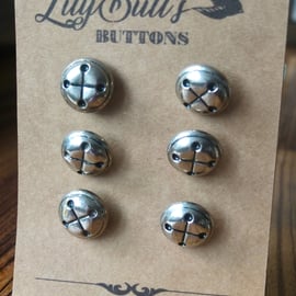 6 Vintage Silver 'Bell' Buttons 22mm