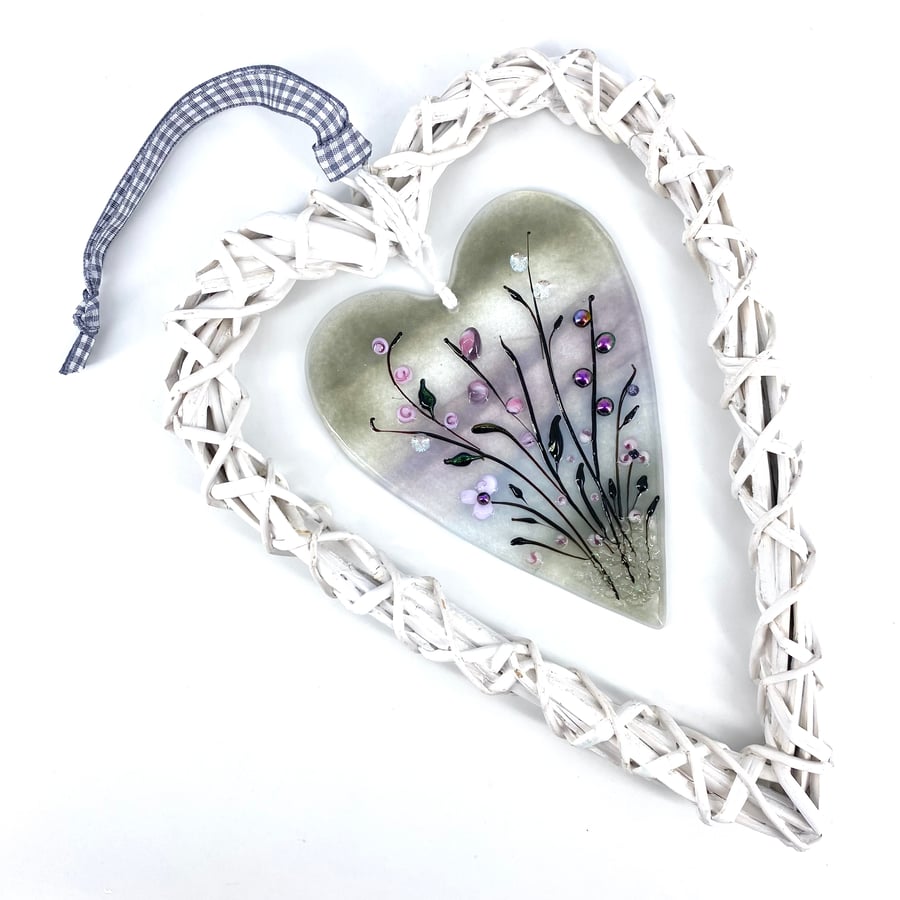 Glass Heart with Delicate Flowers in Wicker Heart on Ribbon