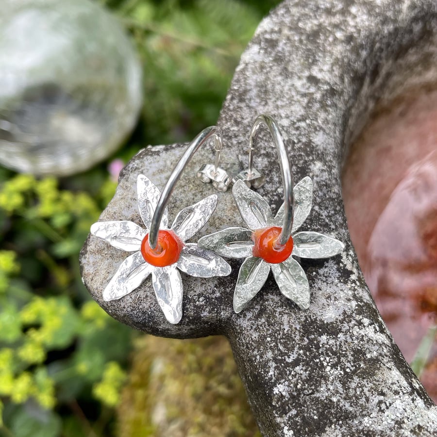 Sterling silver and orange carnelian Flower hoop earrings