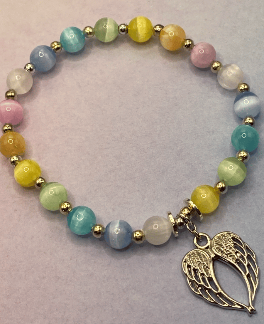 Rainbow selenite stretchy bracelet with angel wing charm