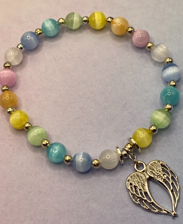 Rainbow selenite stretchy bracelet with angel wing charm
