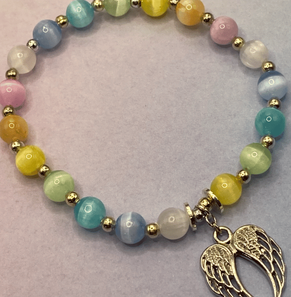 Rainbow selenite stretchy bracelet with angel wing charm