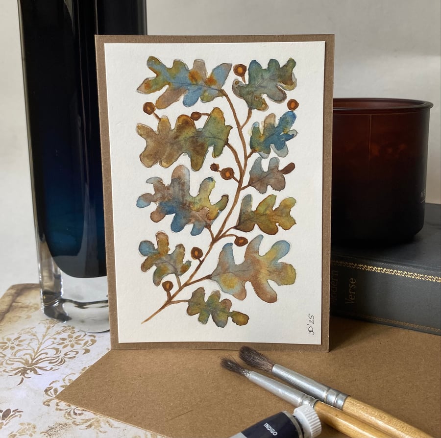 Hand painted watercolour oak leaves, blank card