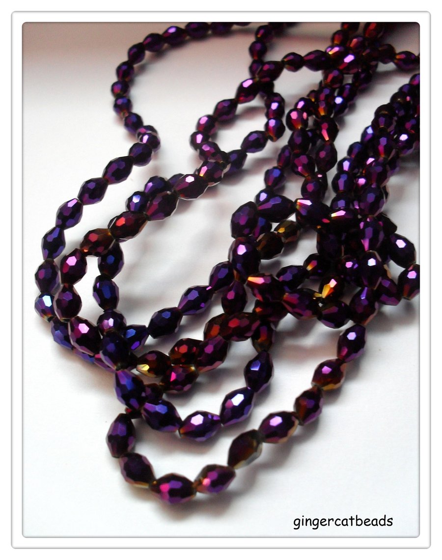 100 x Electroplated Glass Beads - Faceted Rice - 6mm x 4mm - Purple 