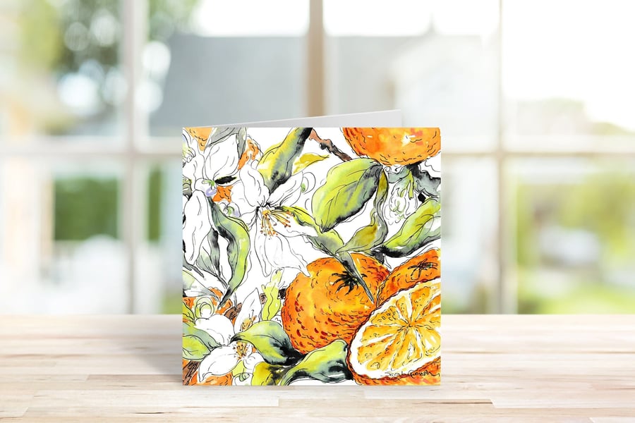 Orange Fruit and Flowers Art Card - Textured Cardstock with White Envelope Blank