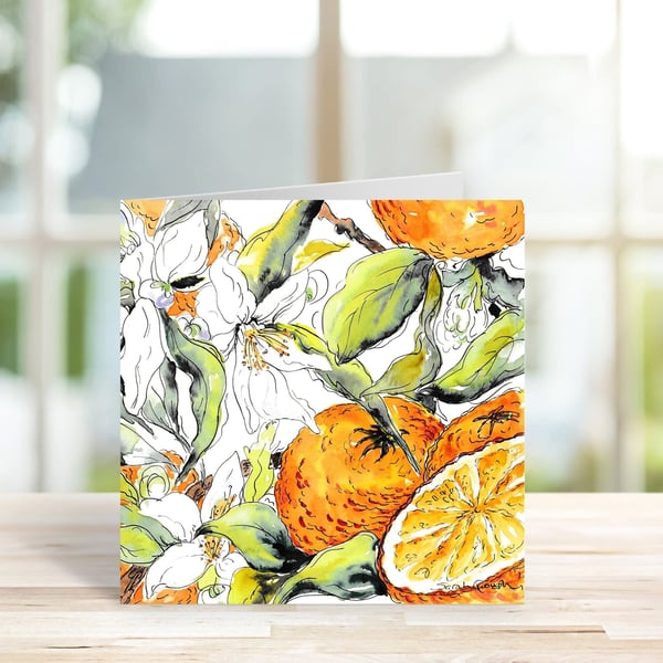 Orange Fruit and Flowers Art Card - Textured Cardstock with White Envelope Blank