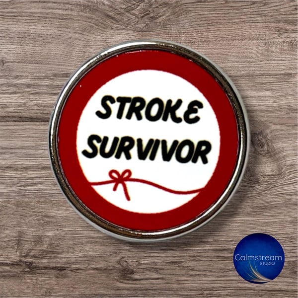 Stroke Survivor Pin Badge Red Design with Ribbon Flourish 25mm Stainless Steel S